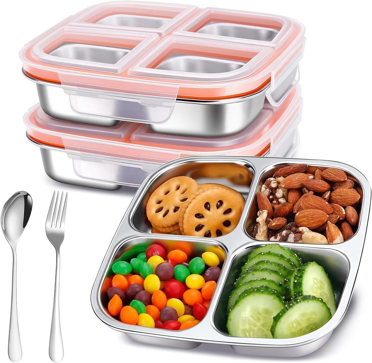 Draagbare snackbox met 4 vakken, lekvrije bento box, ideaal voor lunch en snacks, 2 stuks, 304 roestvrij staal (600ML)