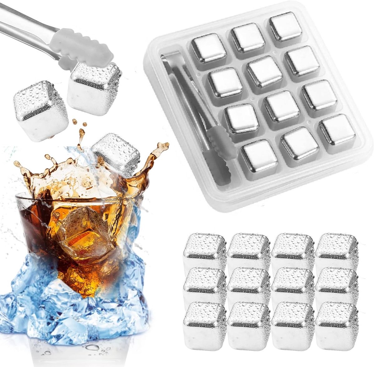 Set van 12 Herbruikbare RVS IJsblokjes met Clips en Doos voor Wijn, Cocktails en Dranken