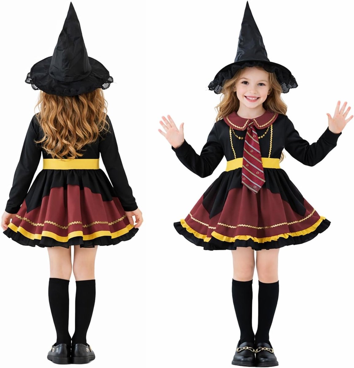 Toverachtige Kinderen Kostuum voor Meisjes met Magische Jurk en Heksenhoed voor Cosplay en Halloween Feestjes