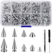 359-delige punk spikes en studs kit - zinklegering - zilveren kegelvormige spikes en klinknagels - 8 maten - metalen leren spikes - assortimentskit, kleding stud decoratie kit voor kleding, jas en schoenen | Cyslmuk®