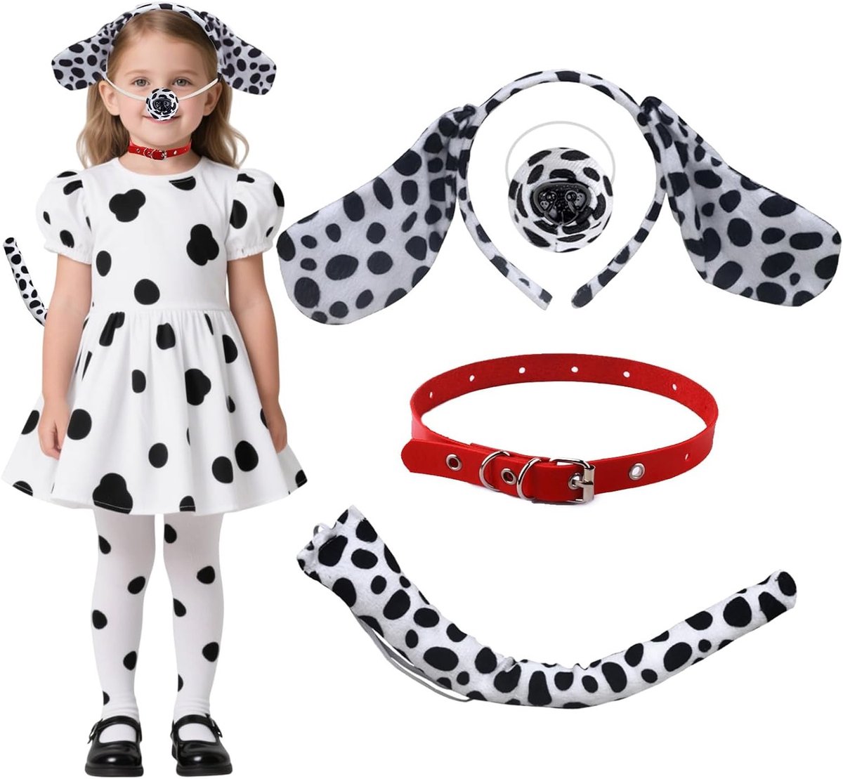 Dalmatiaan Kostuum Set voor Honden, Spotted Dog Oren, Staart en Rode Kraag voor Feestdagen, Carnaval en Halloween