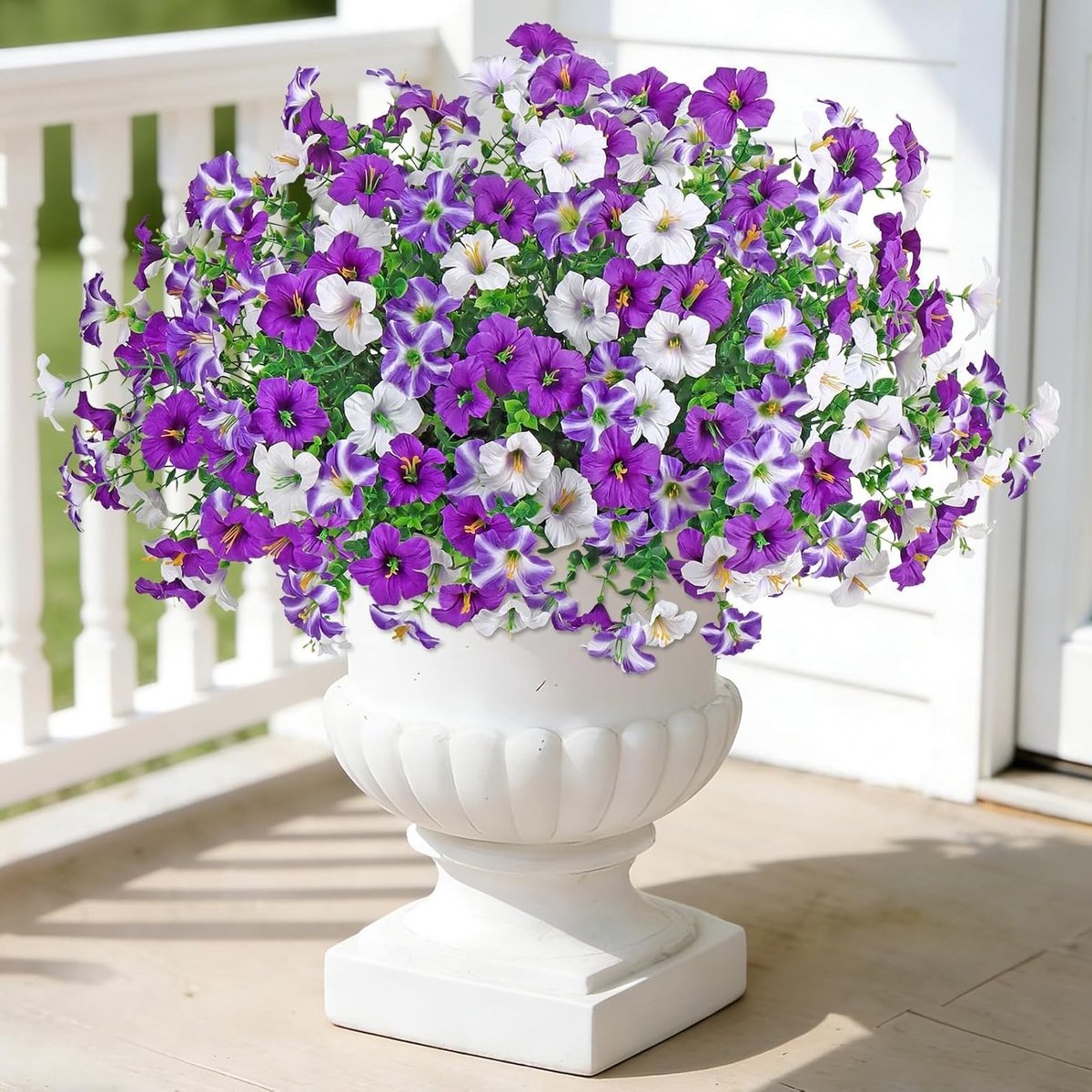 Kunstbloemen voor Buitendecoratie, 12 Bundels Ochtendgloren met Eucalyptus, UV-bestendige Zijde voor Tuin en Terras in Paars en Wit