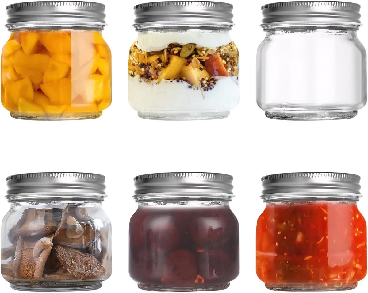 Set van 6 Glas Jars van 250 ml met Schroefdeksel - Lekvrije Oats Container, Ideaal voor Sap, Salades en Havermout