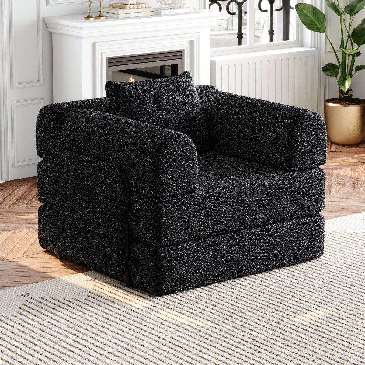 Compacte 1-persoons Slaapbank met Armleuningen en Opbergruimte – 2-in-1 Slaapfunctie – Chenille – Zwart