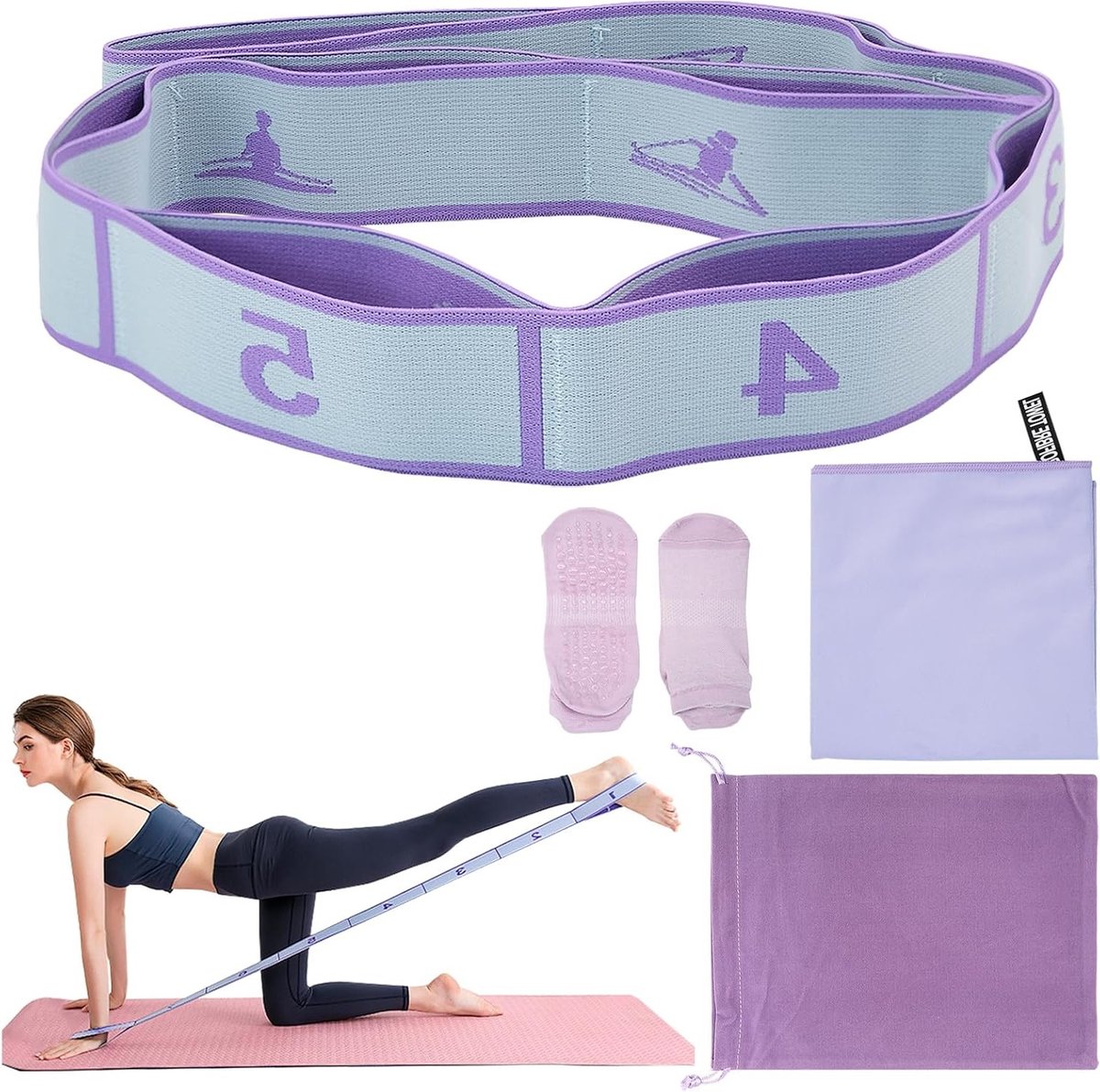 Complete Yoga Accessoire Set met Weerstandsband, Handdoek en Antislip Sokken - 8-Staps Verstelbare 90 cm Fitnessriem voor Strekken, Pilates en Dans