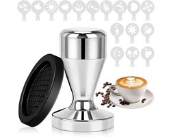 Professionele Koffietamper 51 mm van Roestvrijstaal met 16 Latte Kunstvormen en Tampermat voor Perfecte Espresso en Koffie Creaties Thuis en in Cafés