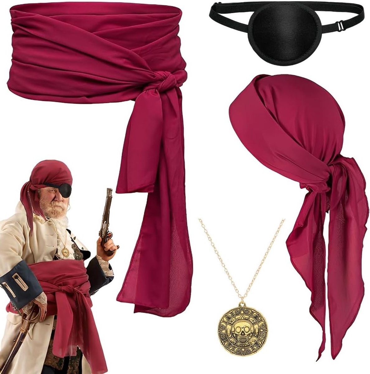 Piratenkostuum Accessoires voor Mannen en Vrouwen - Bandana, Gurt, Ketting en Masker voor Carnaval en Themapartijen