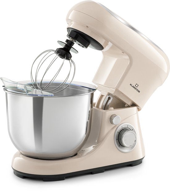 Crème keukenmachine met RVS kom en garde, op een witte achtergrond.