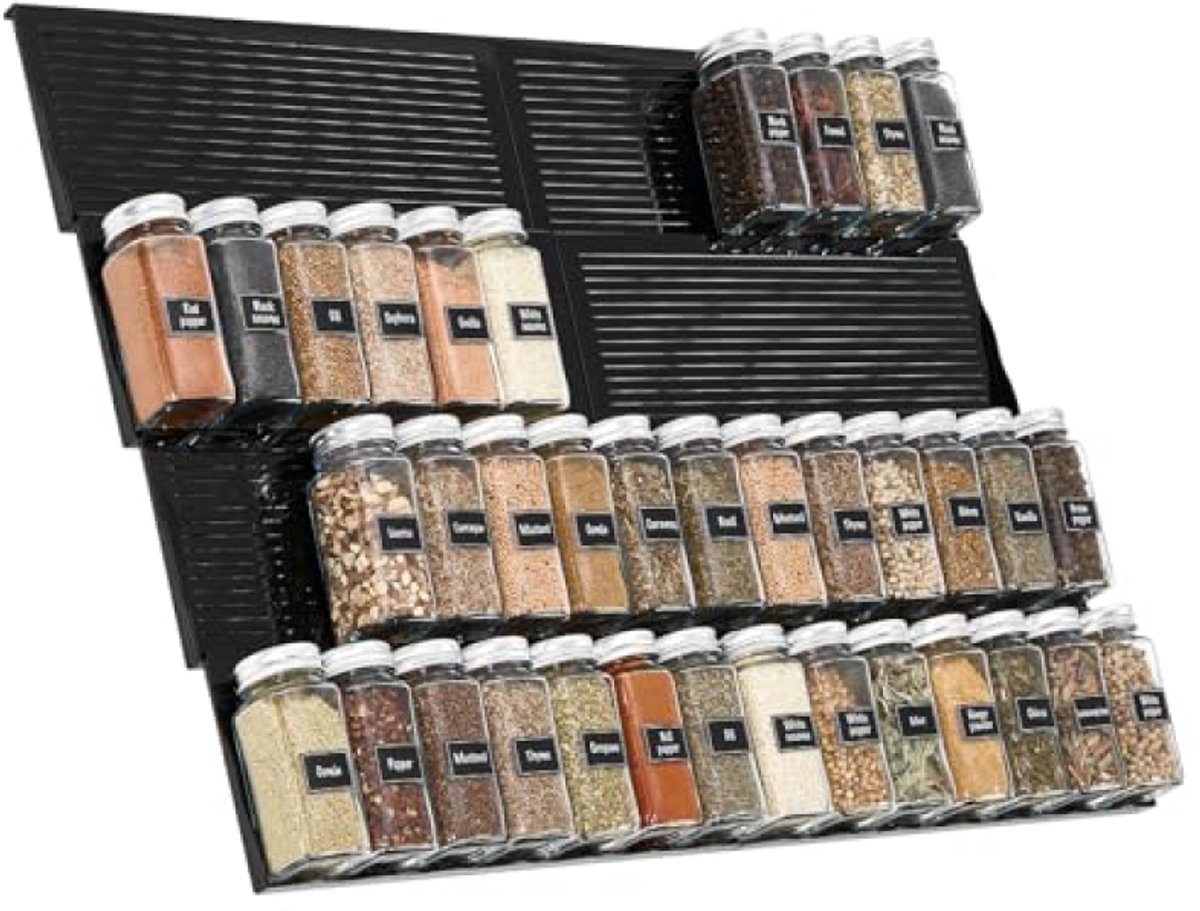 Verstelbare kruidenlade-organizer, uitbreidbaar kruidenrek 33-66 cm, set van 8, zwart