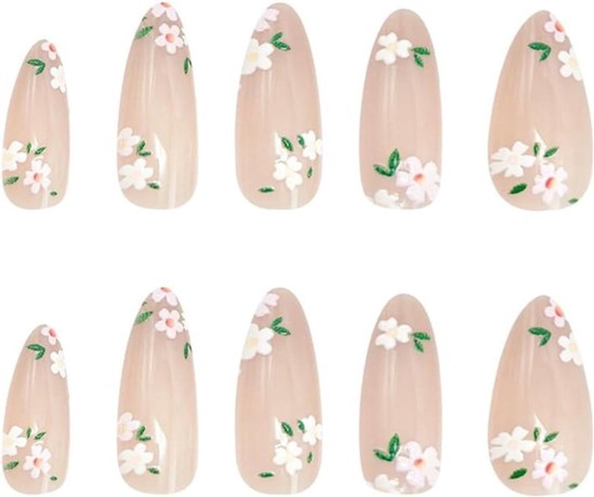 Roze amandelvormige kunstnagels met madeliefjespatroon - 24 stuks