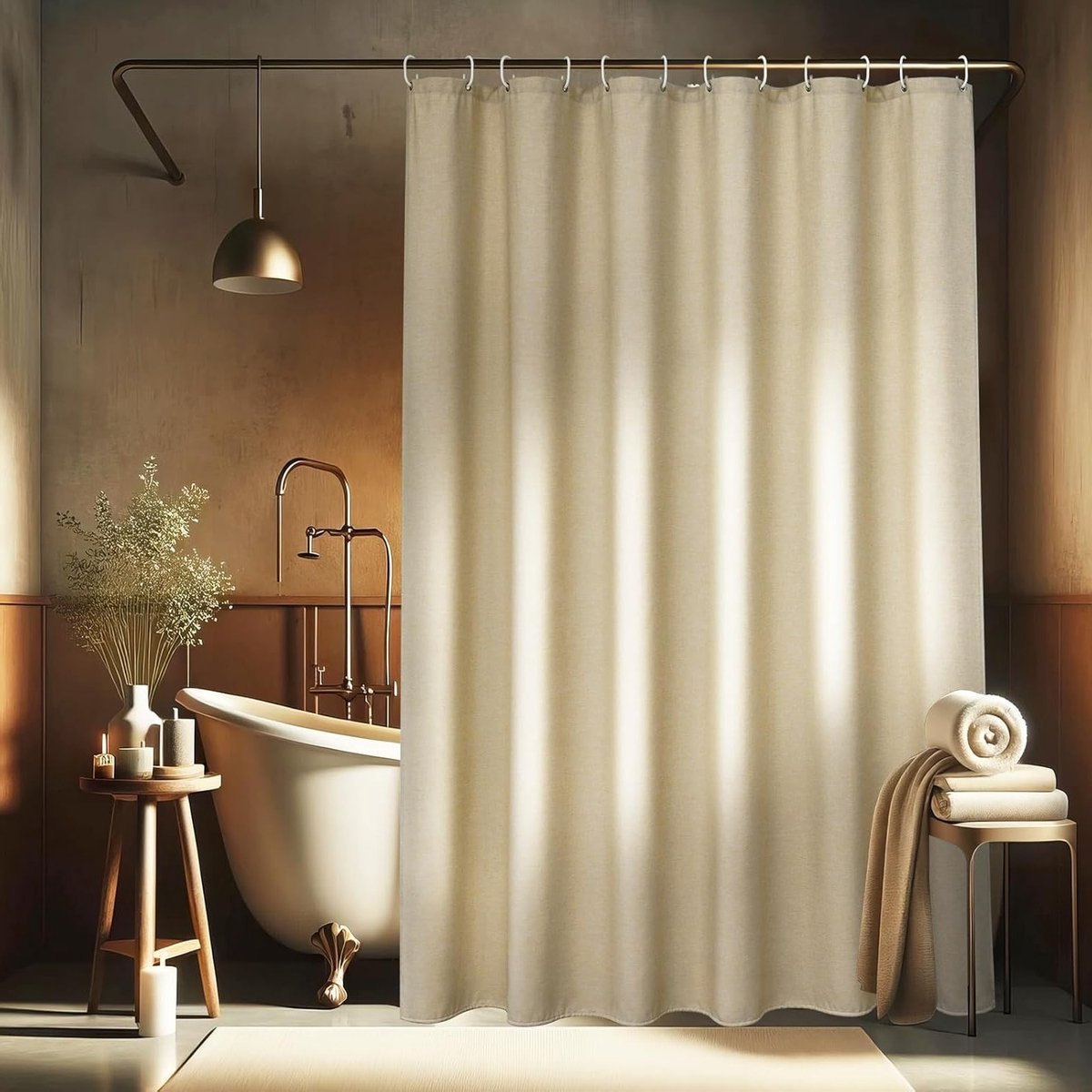 Douchgordijn 200 x 200 cm Beige Linnen Textuur Waterdicht Zwaar Textiel Polyester Luxe Anti-Schimmel Badgordijn met 14 Ringen voor Badkamer Decoratie en Privacy