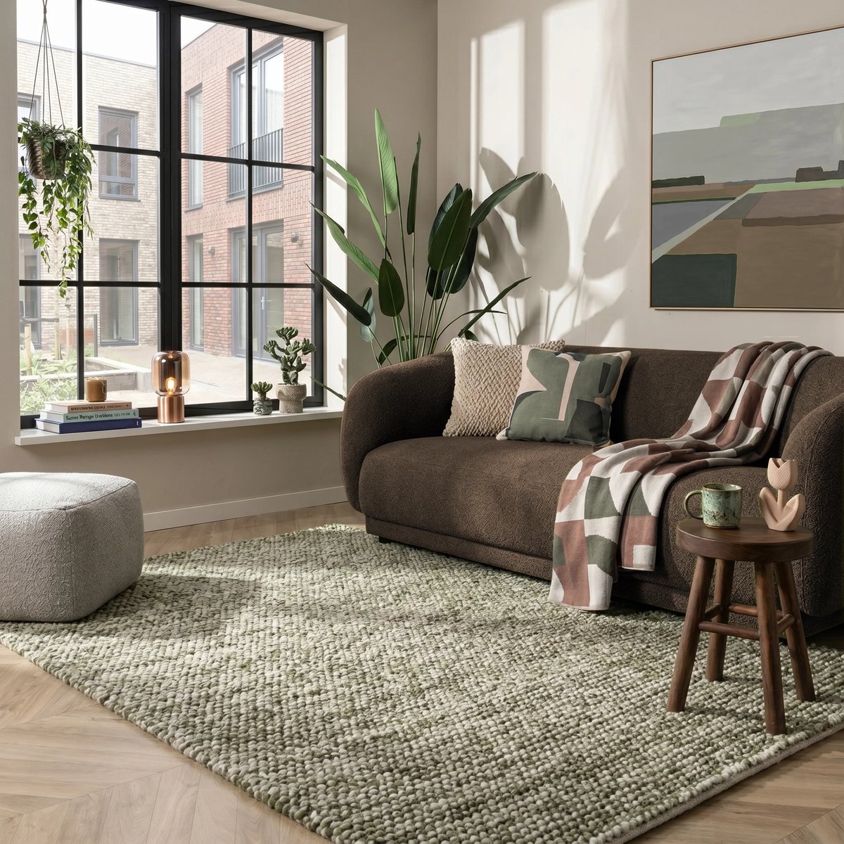Art Weavers Wollen bolletjes vloerkleed - Ventura Groen / Beige - Wol Tapijt Woonkamer - 240x340 cm