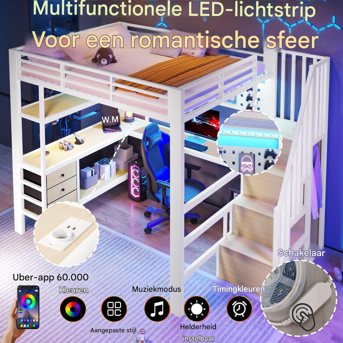 VVBV Hoogslaper 140x200 – LED en Stopcontact – Metalen Frame – Zonder Matras – Wit – Hoogslaper met Trap – Lades – Opbergruimte White