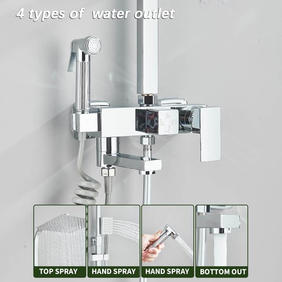 Doucheset met 4 waterfuncties: hoofddouche, handdouche, sproeipistool en onderuitloop.