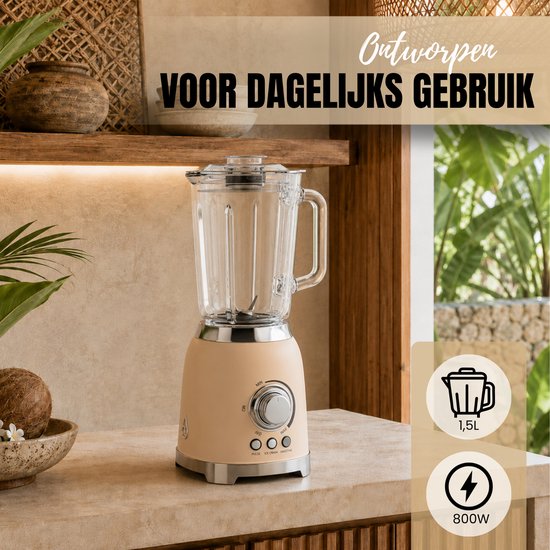 Motivai Blender - 800W Krachtige Smoothie & Soepmaker - 1.5L - BPA-vrij & PHAS-vrij - Stil & Veilig in Gebruik - RVS Messen & Dubbelwandig Retro Design - Matte Beige van Motivai — afbeelding 4