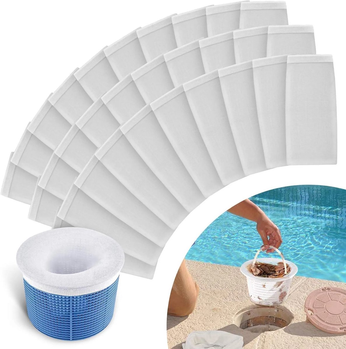 Zwembadskimmerfilter, 30-pack skimmerfilters, zwembadskimmerfilter, zwembadfilterzeef, filterdeksel, gebruikt om bladeren, pollen, vuil en slib te verwijderen.