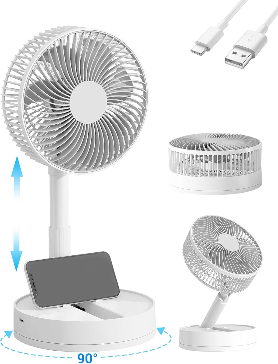 8 Inch Tafelventilator - Oplaadbaar - 4 Snelheden - 8 Uur Timer - 90° Draaiend - 24 Uur Gebruik - Wit