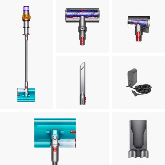Een Dyson V15 stofzuiger met verschillende opzetstukken, waaronder een turboborstel, kierenzuiger en oplader.