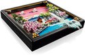 Een LEGO-weergave van een Japans landschap met kersenbloesems, rivier, brug en bergen in een zwarte lijst.