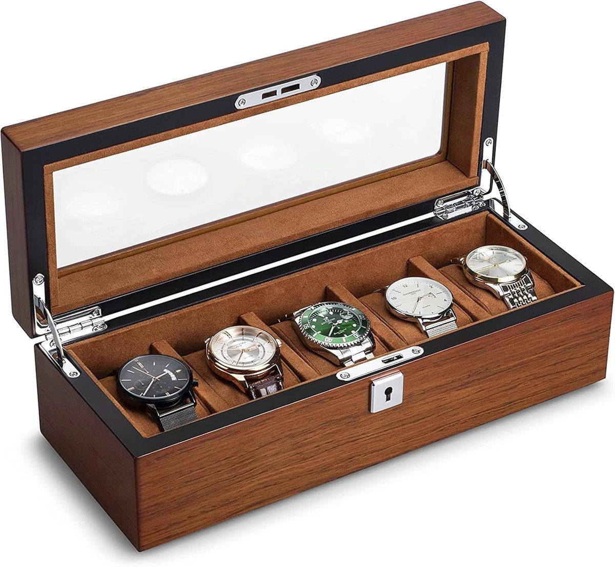 Horlogedoos voor 5 horloges, opbergdoos, horlogedoos met glazen deksel, horlogedoos met 5 uitneembare horlogehouders, luxe horlogedoos, vitrine, opbergdoos, opbergbak, opbergtas voor herenhorloges