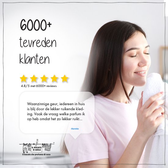 Jonge vrouw met gesloten ogen ruikt aan een witte handdoek, 6000+ tevreden klanten.