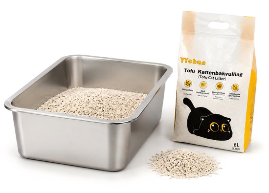 Litière pour chat en acier inoxydable avec un sac de litière pour chat illustrant un chat noir.