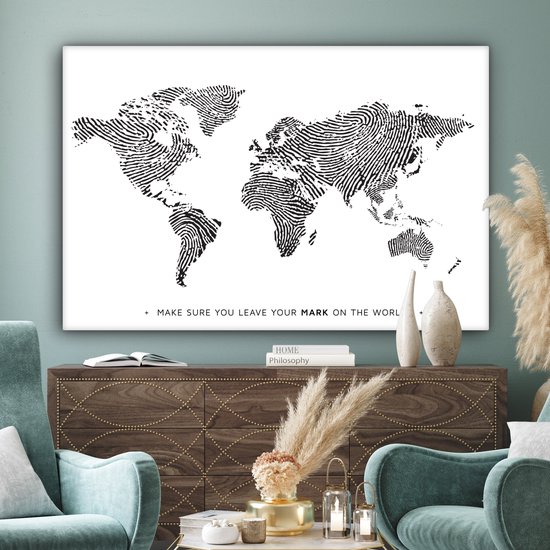 Wereldkaart en toile - Citation - Empreinte digitale - 180x120 cm - Décoration murale
