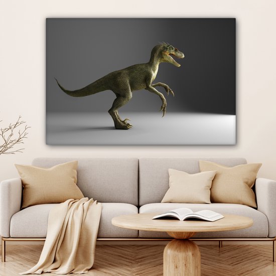 Canvas schilderij 150x100 cm - Wanddecoratie Velociraptor - Dinosaurus - Grijs - Muurdecoratie woonkamer - Slaapkamer decoratie - Kamer accessoires - Schilderijen op canvas