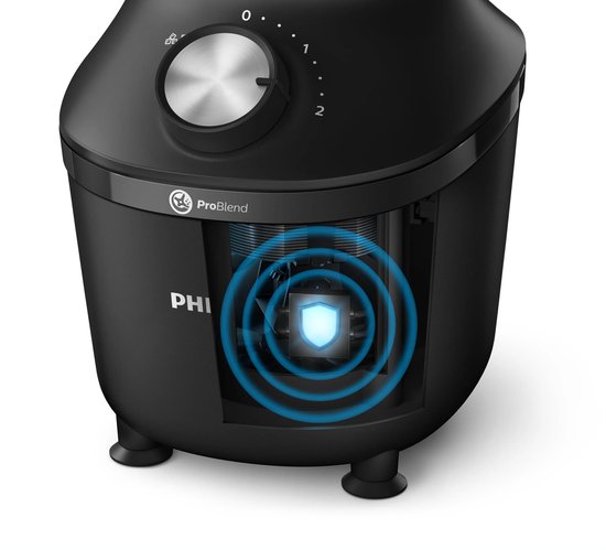 Zwarte blender met ProBlend-logo en een cirkelvormig blauw lichteffect dat de motor visualiseert.
