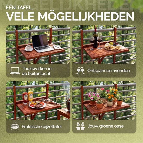 Vier scenario's voor de bruine houten klaptafel: werken, dineren, grillen, planten.