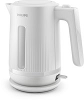 Witte Philips waterkoker met ribbelpatroon en waterniveau-indicator.