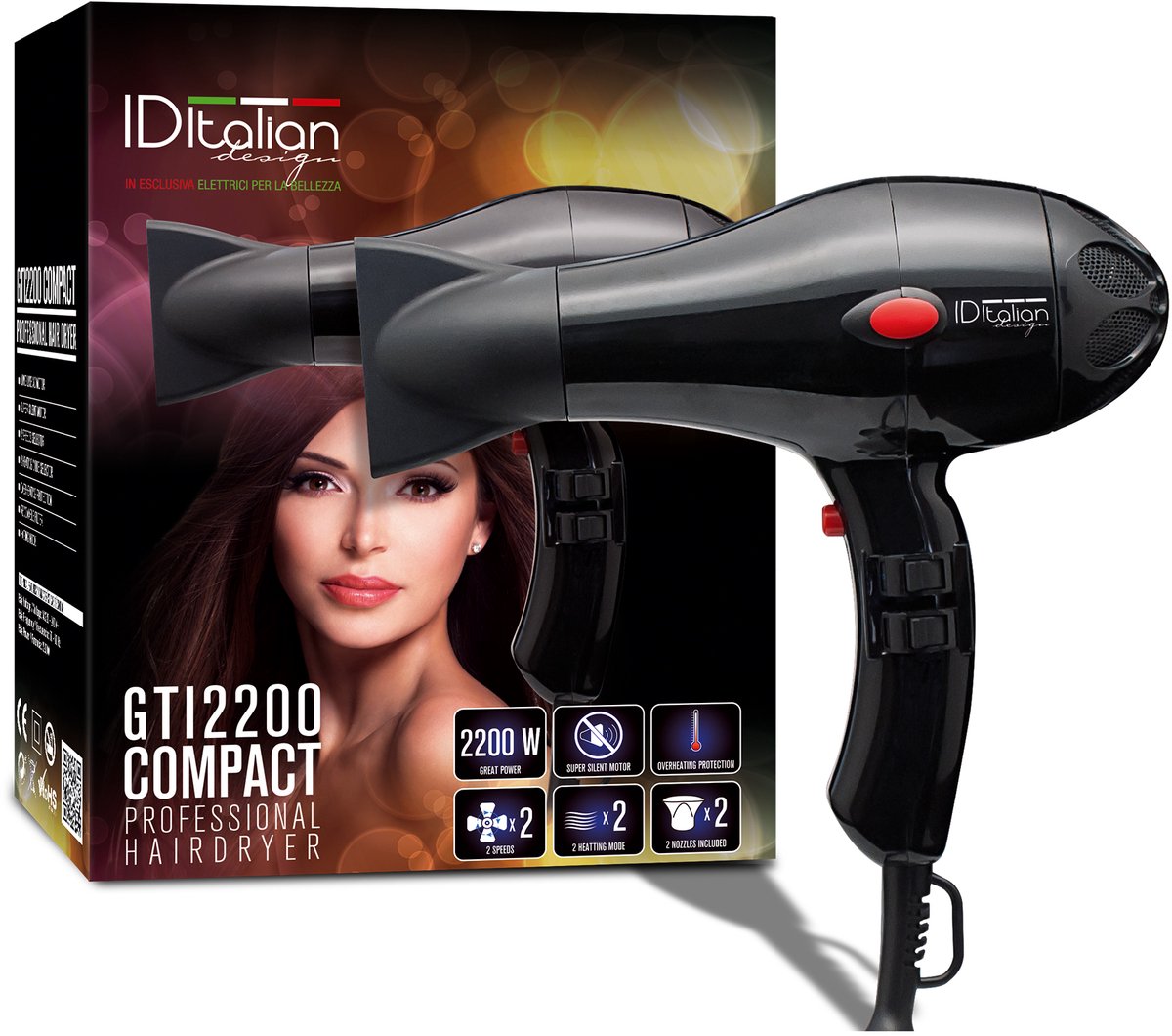 GRATIS ZEEPJE ID Italian IDE2200COMPACT haardroger Zwart 2200 W