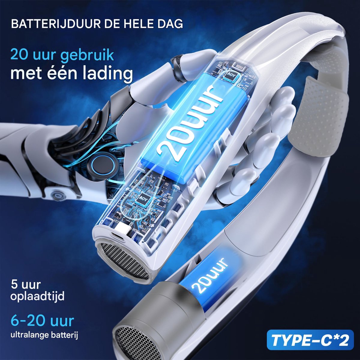 Draagbare NekVentilator -Mini Ventilator USB Oplaadbaar- 6000 mAh Lange Batterijduur - Handsfree gezichtventilator 6 standen met koeling ideaal Voor kampeeruitje Buitensport woon-werkverkeer en Dagelijks Gebruik — afbeelding 5