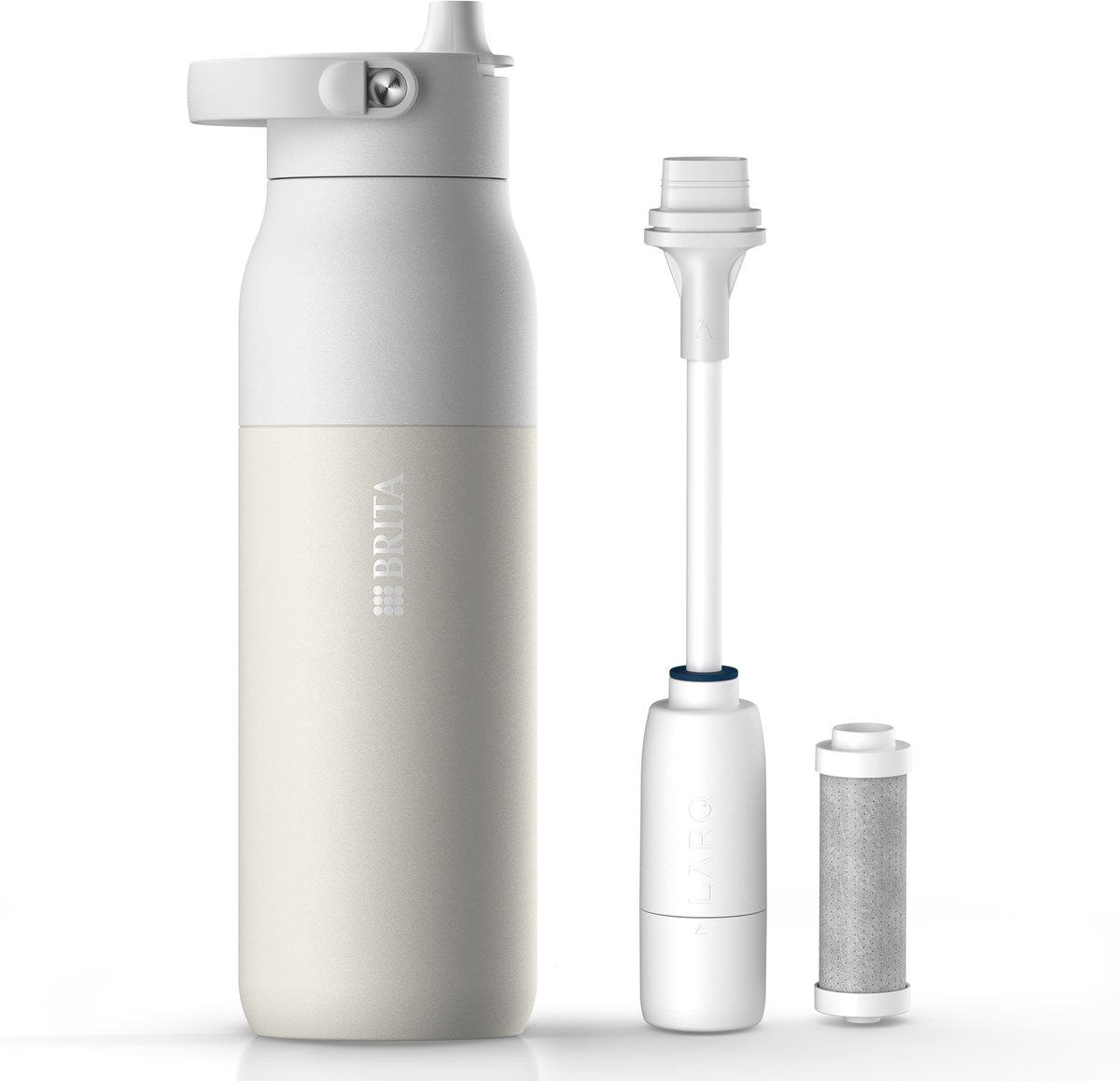 BRITA LARQ Essential waterfles met rietje en waterfilter - Wit - 1000ml - RVS waterfles, dubbelwandige thermosfles (24h koud) incl. rietje & actieve koolstoffilter - filtert PFAS, chloor & meer