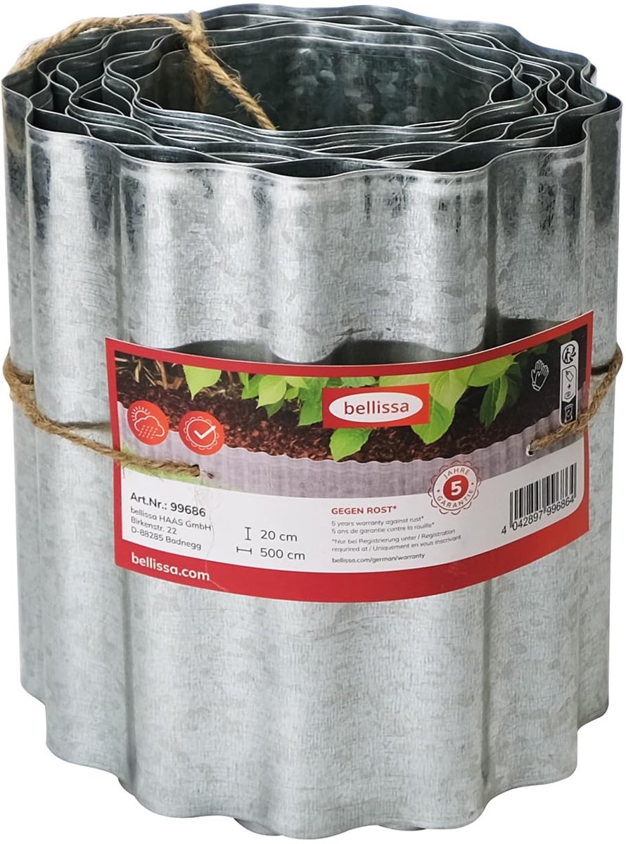 Bellissa RKBand gazon kant strip - gegalvaniseerd staal golf zilver - 5 m x 20 cm - flexibel bedafscheiding