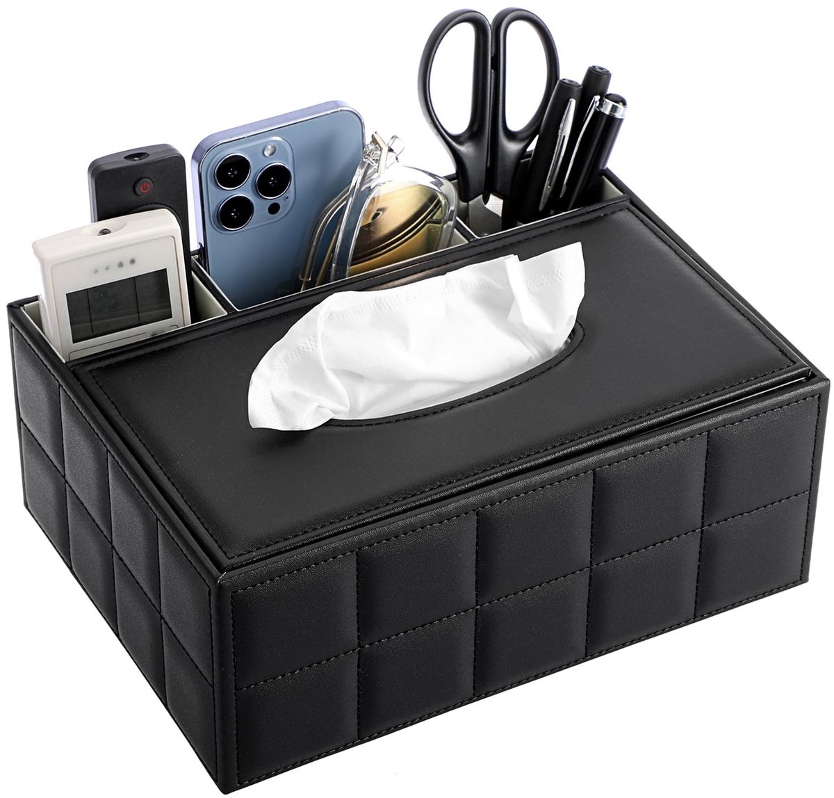 Dailygoods - Cosensi - Dailygoods - Rechthoekige Zakdoekhouder - Bureau Organizer - PU-Leren Afstandsbedieningshouder - Zwart - Praktische Opbergdoos - Geschikt voor Kantoor