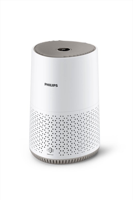 Philips luchtreiniger in het wit met gedetailleerd patroon op de onderkant.