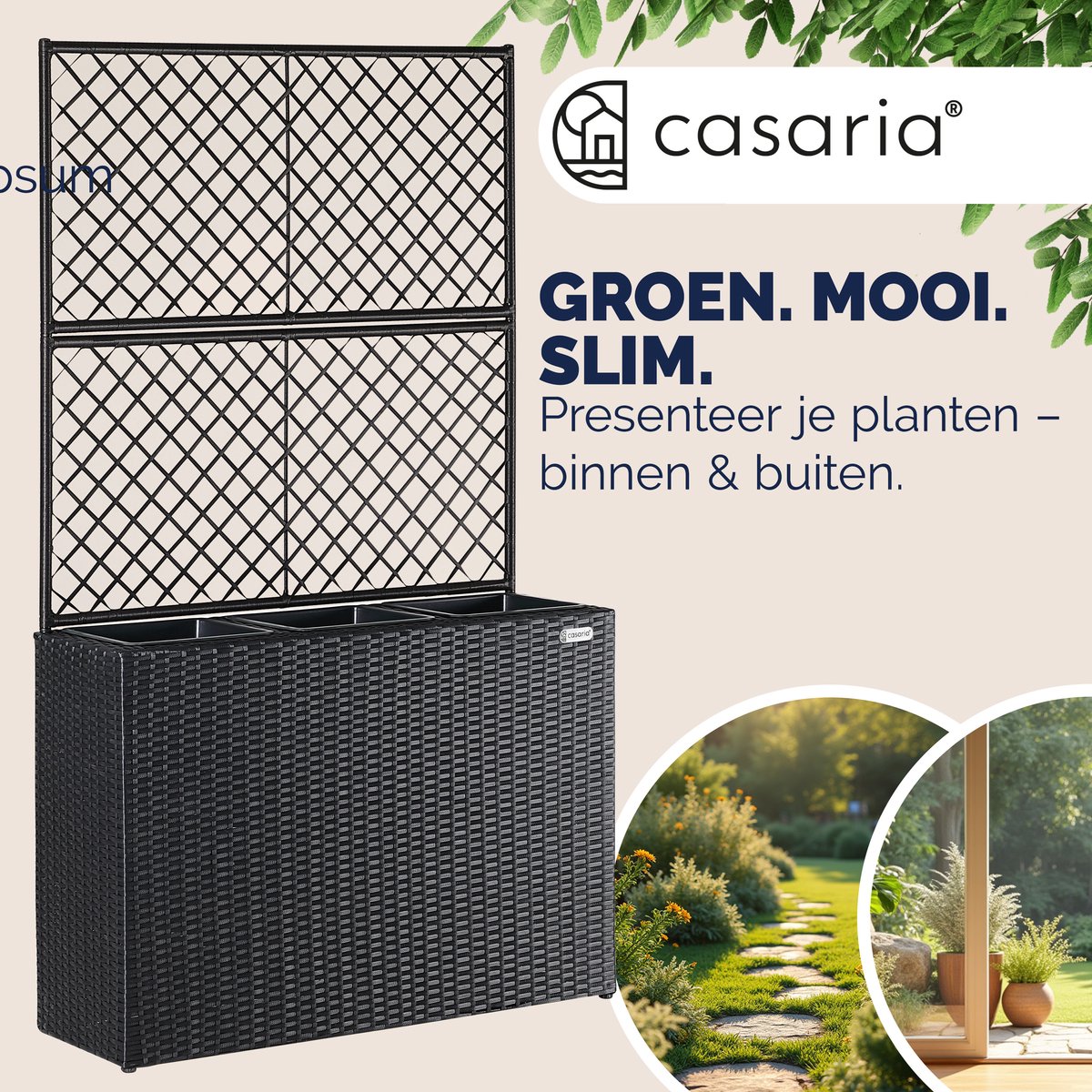 Casaria Polyrattan Plantenbak met Klimrek – 3 Bloembakken – 83x31x146 cm – Zwart — afbeelding 6