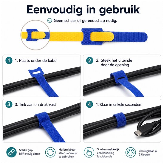 Instructies voor het gebruik van kabelbinders: plaats onder de kabel, steek het uiteinde door de opening, trek aan en druk vast. Klaar in enkele seconden.