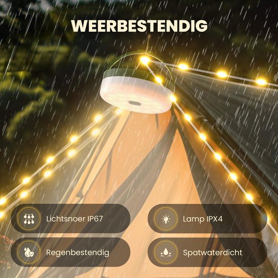 Tech Essentials® Solar Camping Lichtsnoer Met Afstandsbediening - 20 Meter - IP67 Waterdicht - Oprolbaar - Oplaadbaar - Warm-Wit - Verlichting Buiten Slinger - Lampjes - Lampenslinger - Kampeerlamp - Tentlamp van Merkloos — afbeelding 5
