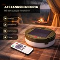 Afstandsbediening voor campinglamp: aan/uit, helderheid, lichtmodes en timer. Bediening op tafel.