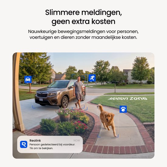 Man loopt naar auto, hond rent op oprit met bewegingszones voor persoon, voertuig en dier.