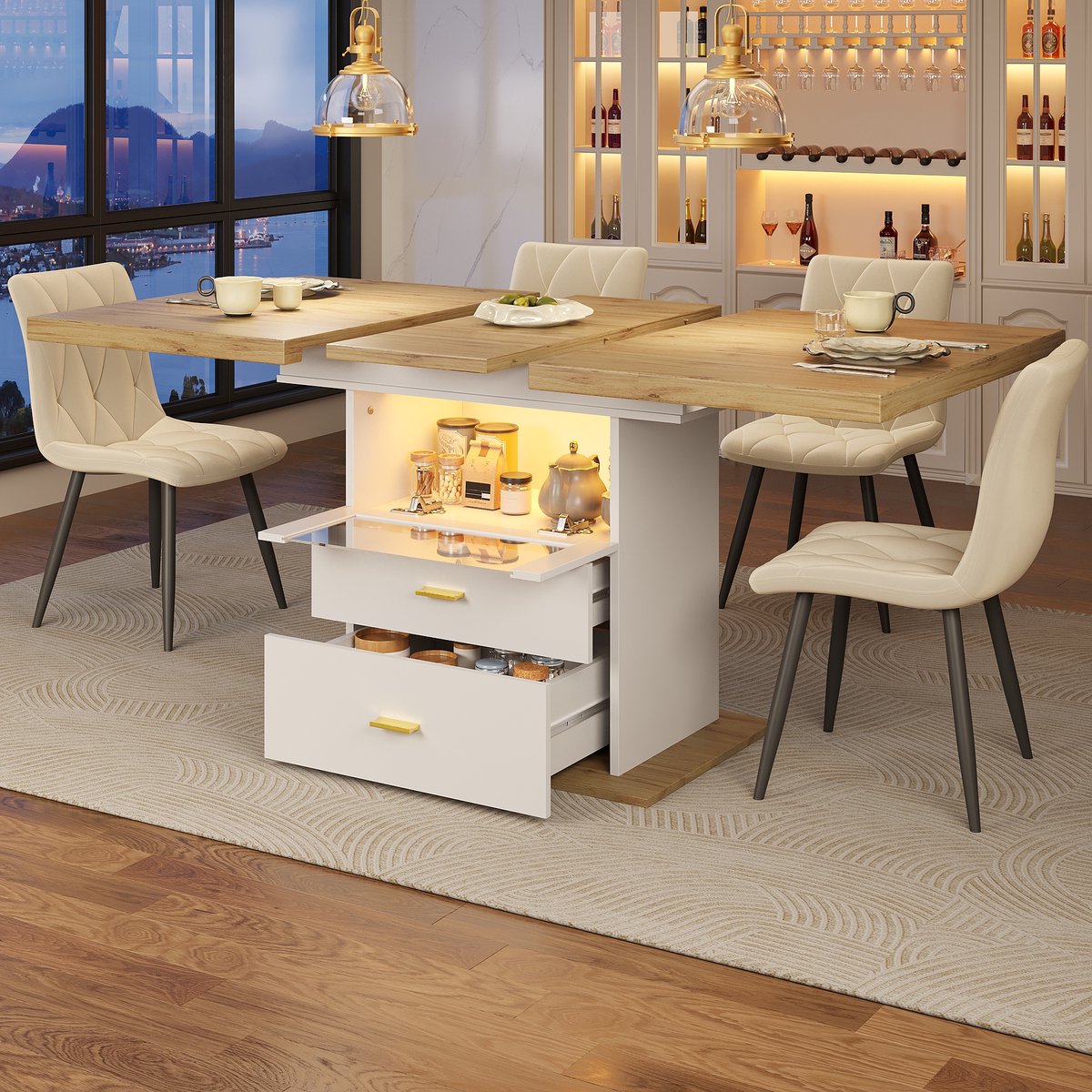 REDOM Uitschuifbare Eettafel - Met LED-Verlichting En Opbergruimte - Modern - Voor Keuken En Eetkamer - MDF - Wit - 110-140 x 80 x 75 cm White