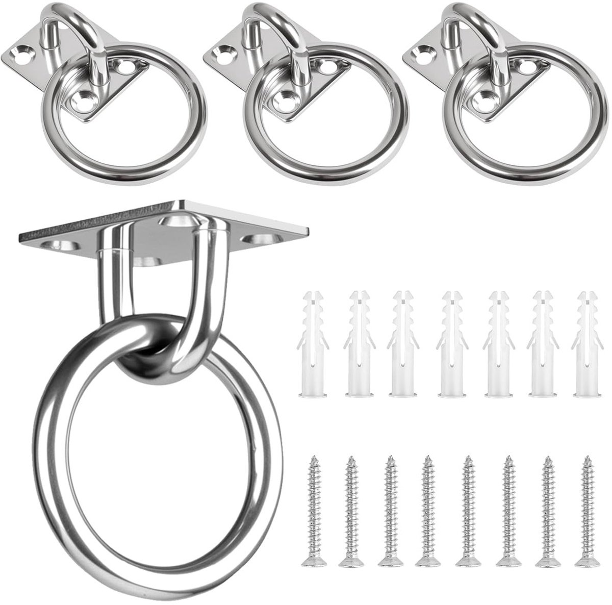 Dailygoods - Dailygoody - Oogplaat Roestvrij Staal - Bevestigingshaken - 4 Stuks - Zilver - Plafondhaak - Geschikt voor Hangende Voorwerpen - Inclusief Schroeven