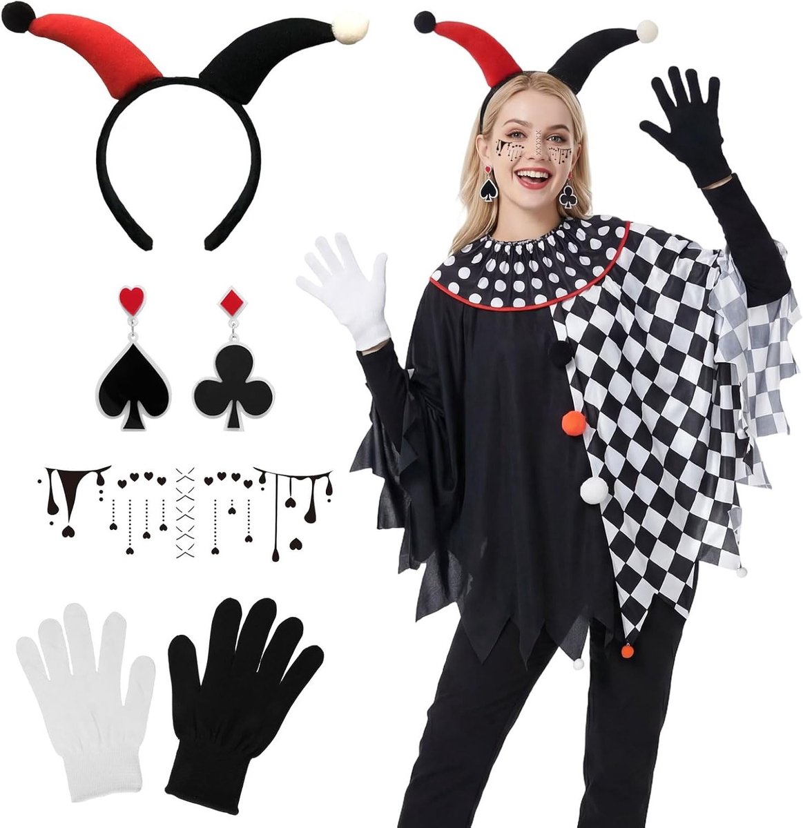 Vrouwelijk clown kostuum met cape, handschoenen, hoed, oorbellen en accessoires voor carnaval, themafeest en cosplay