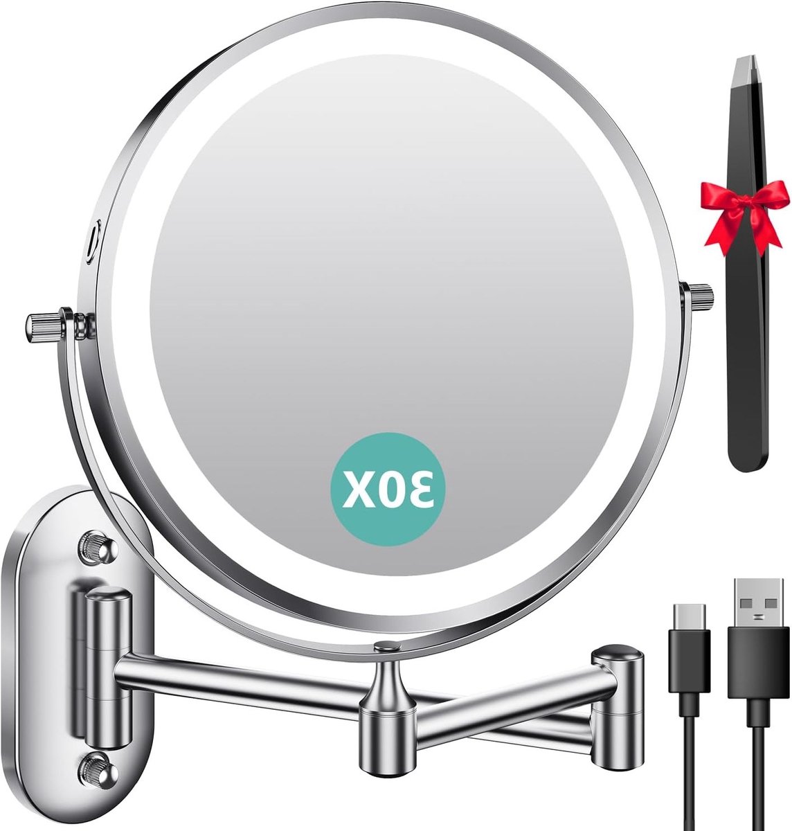 Verlicht Make-up Spiegel met 1X/30X Vergroting, Oplaadbare Wandspiegel, Dimbare Verlichting en 360° Rotatie voor Badkamer en Scheren