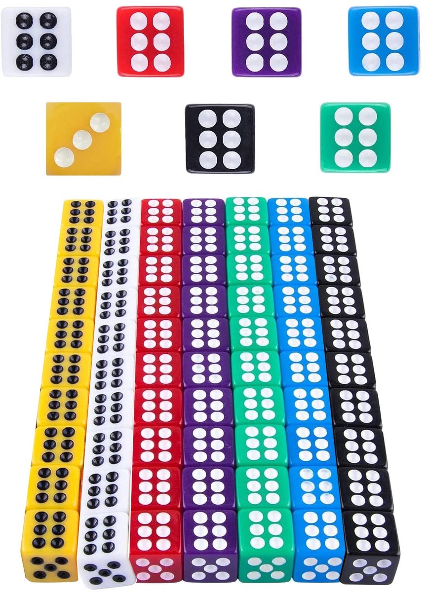 Dailygoods - Dailygoody - Kleurrijke dobbelstenen - 6-zijdig - Set van 70 stuks - 12 mm - Speelplezier - Geschikt voor kinderen - 7 kleuren