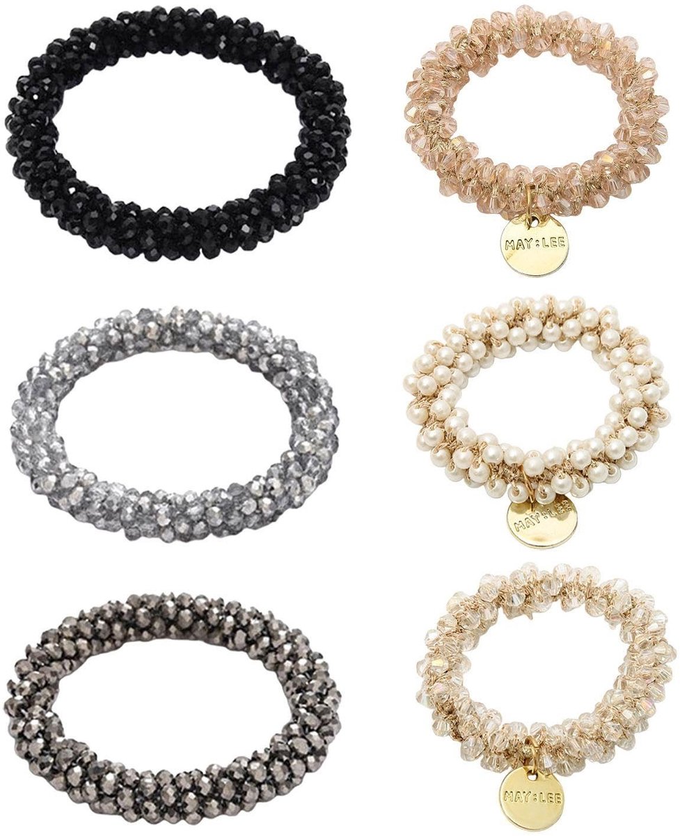 Dailygoods - Dailygoody - Kristallen hoofdbanden - Haaraccessoires - Modieus en elastisch - Wit en grijs en zwart - Haarbanden voor paardenstaart - 6 stuks
