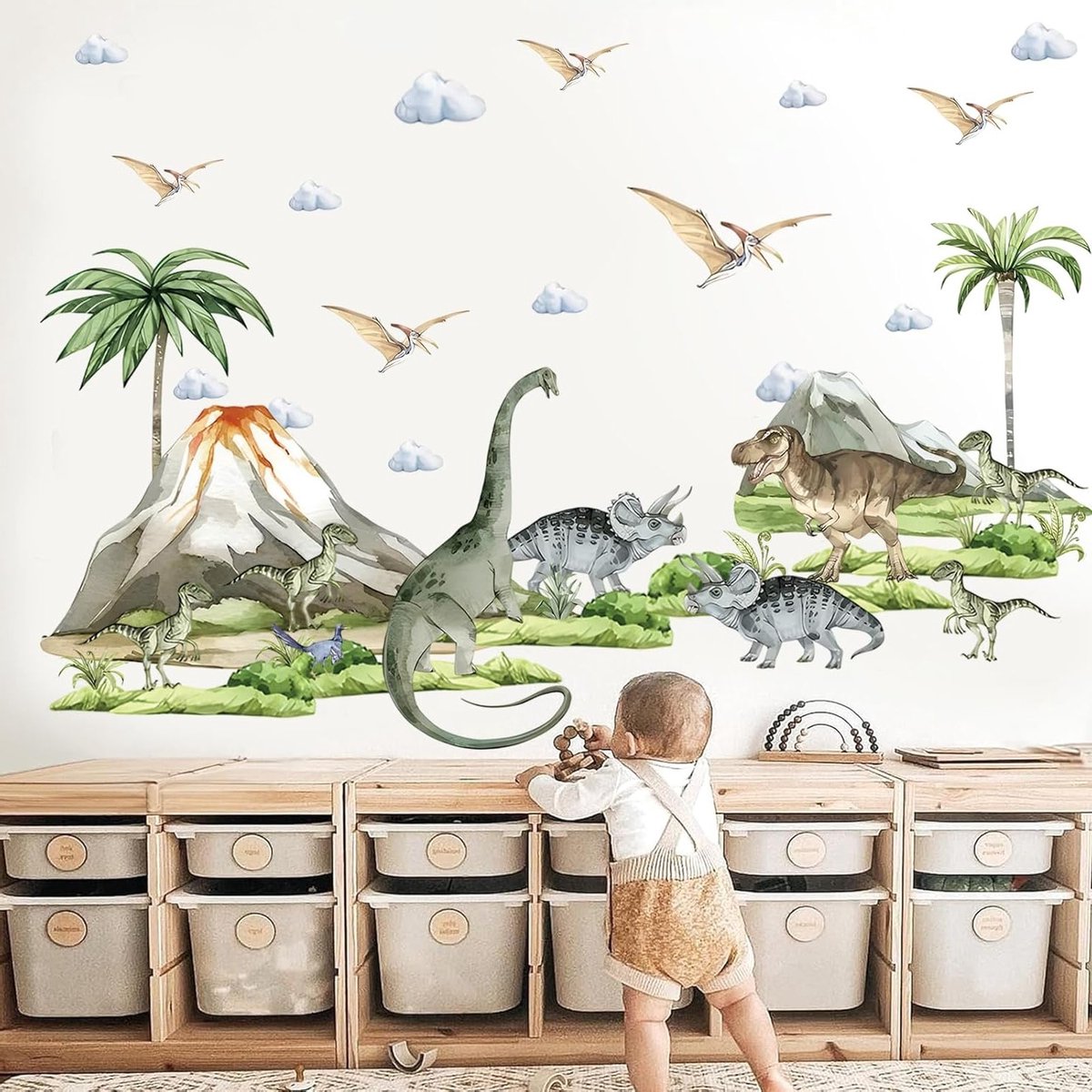 Grote muurstickers van dinosaurussen met vulkanen, palmbomen en planten - Zelfklevende decoratie voor kinderkamers en speelruimtes