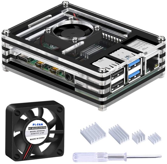 Dailygoods - Dailygoody - Acrylic Case - Raspberry Pi 4 Model B - Met ingebouwde ventilator - Zwart - Koeling - Ideaal voor hobbyisten en educatie - Voor Rasp